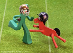 Gumby and Pokey playing football for the Superbowl